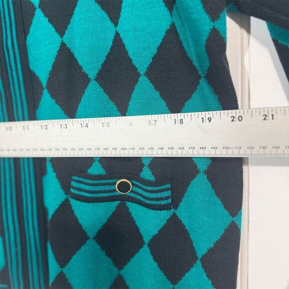 Vintage Adolfo Green Black Cardigan L Harlequin Diamond Sweater Zip Front Wool - Picture 5 of 8